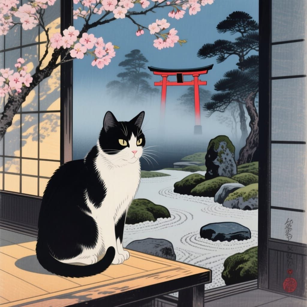 Ukiyo-e Cat on Engawa in Golden Hour Light