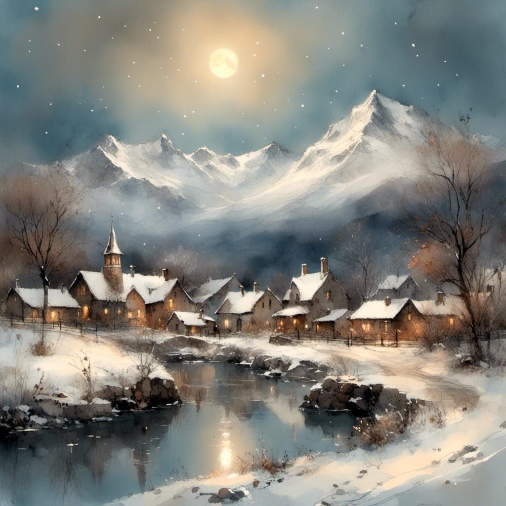 Snowy Valley Town Bathed in Moonlight