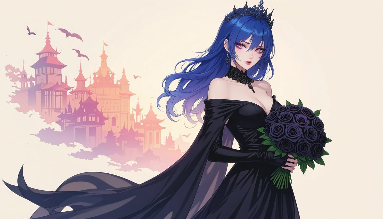 Wraith Queen with Blue Hair Holding Black Roses