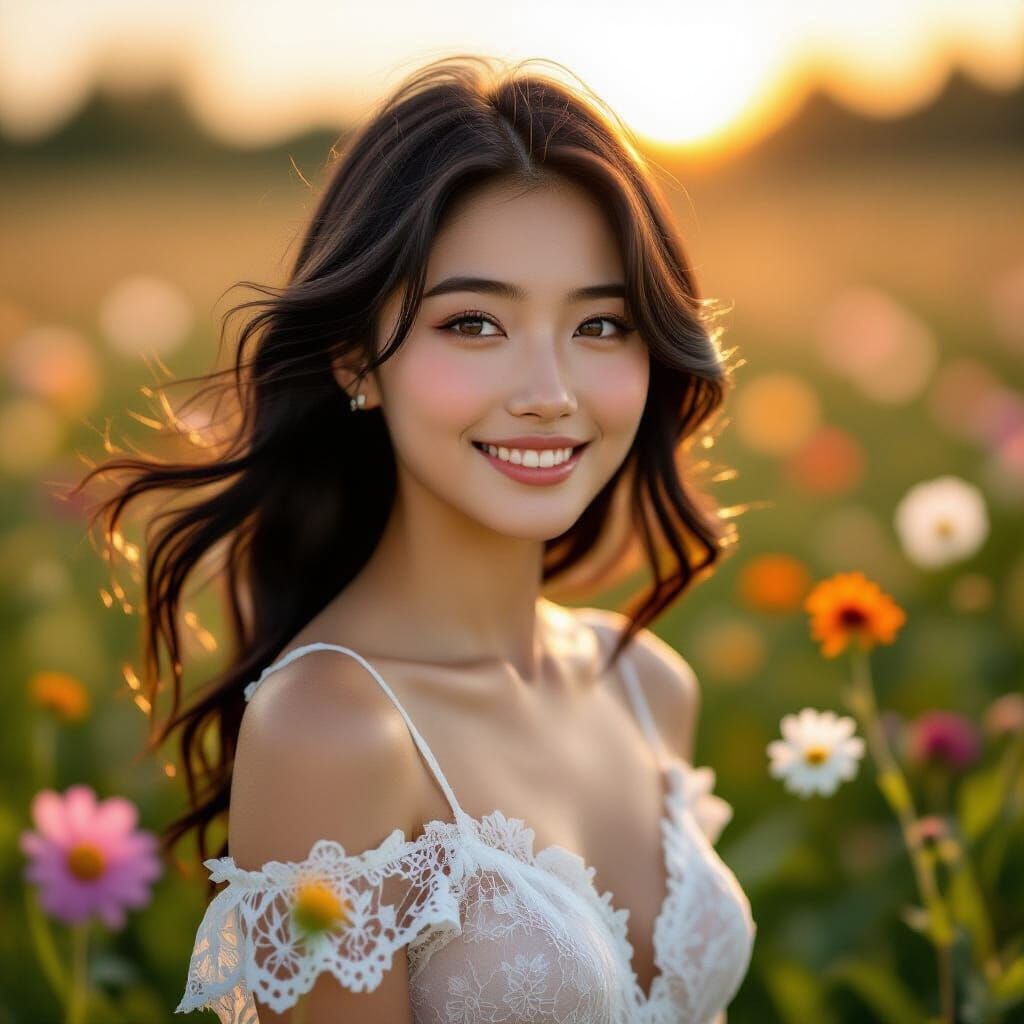 Japanese Woman in Wildflowers at Dawn, Hyper-Realistic