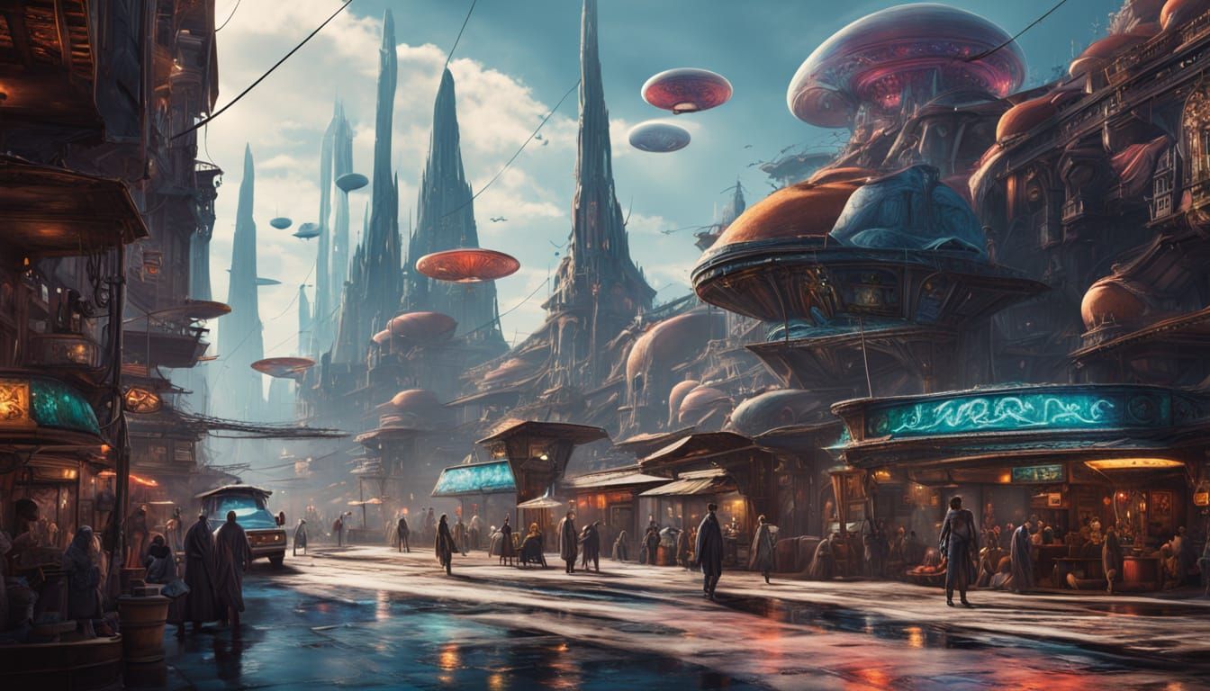 Bustling Alien Marketplace Under Twin Moons