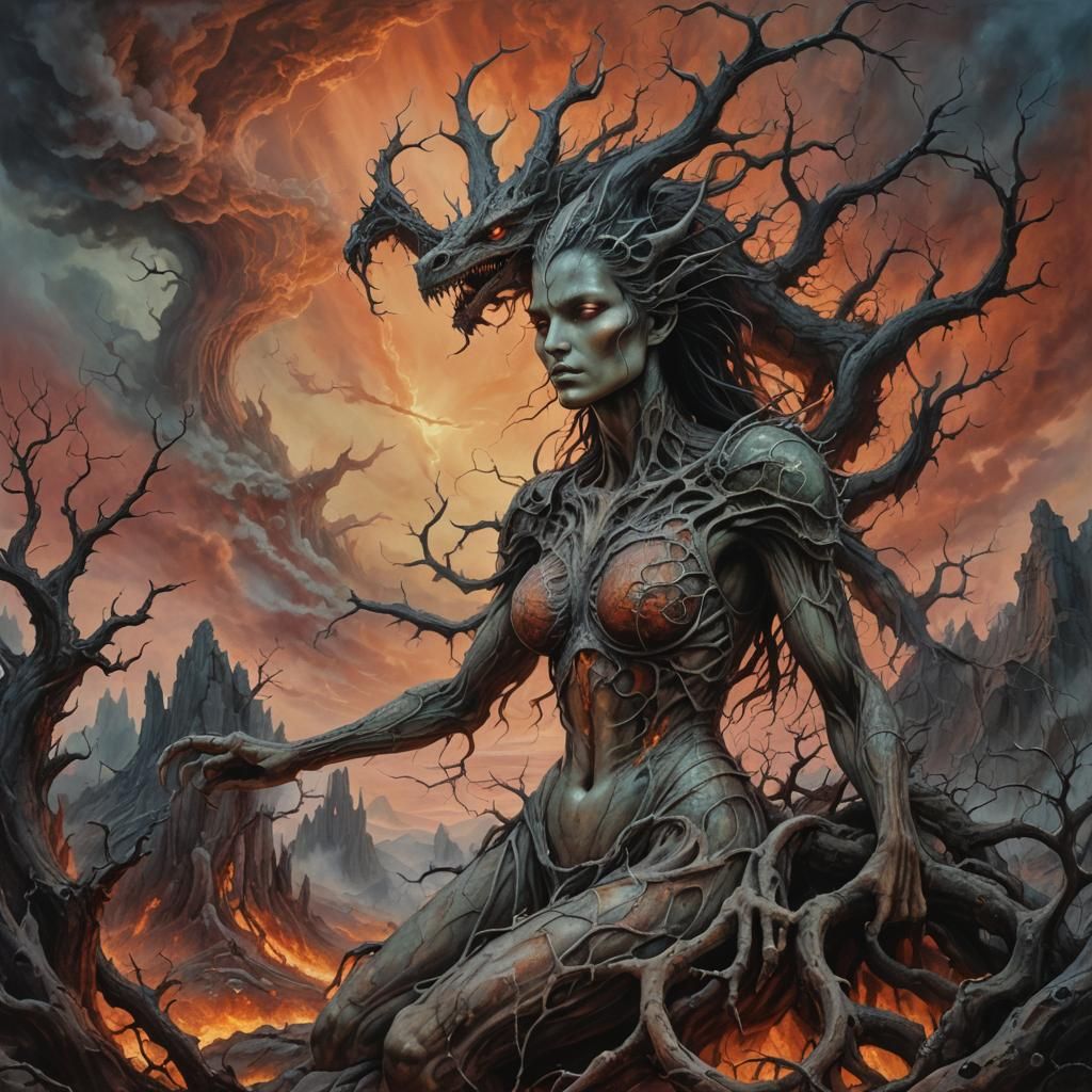 Dragon-Woman in Wasteland: A Surreal Visionary Painting