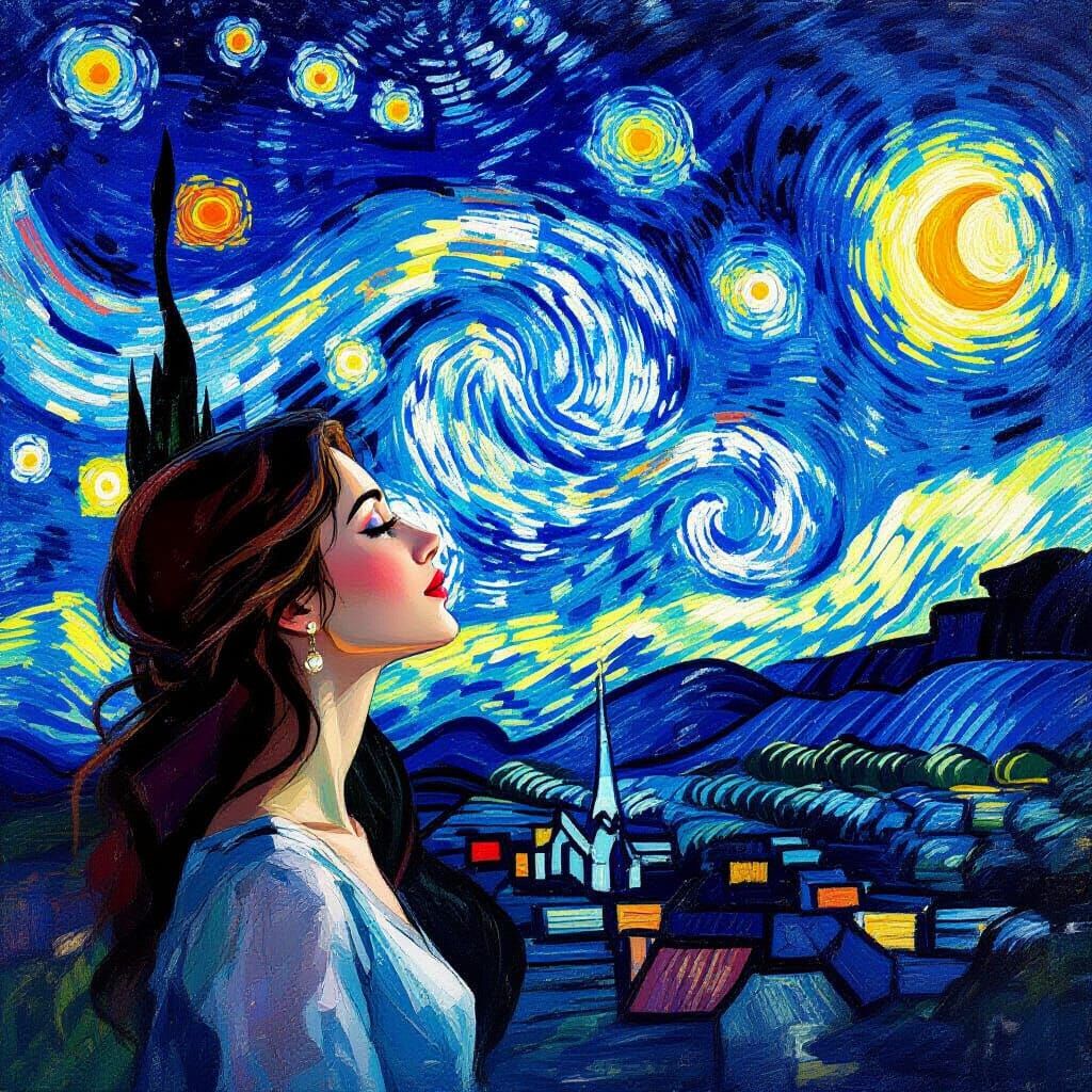 Woman Gazing at Galaxy in Impressionist Style