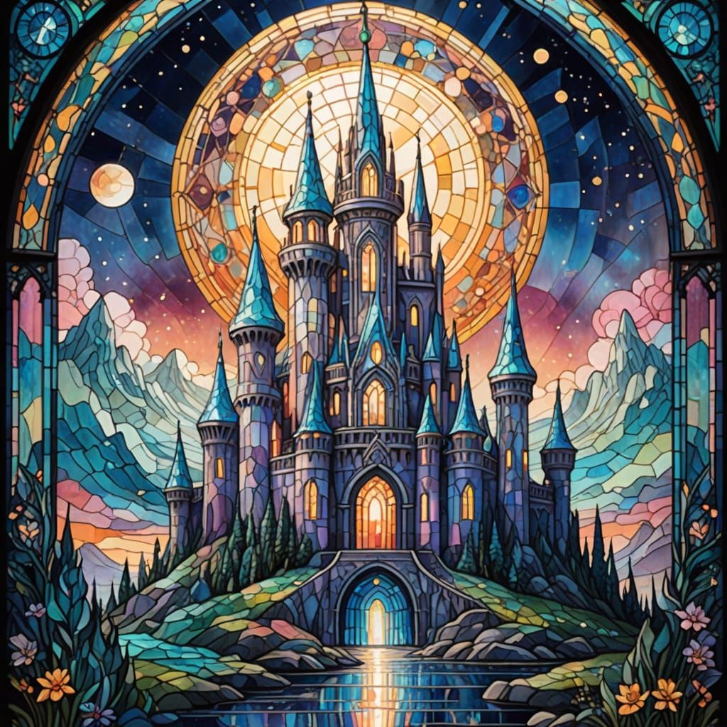 Moonlit Crystal Palace in Art Nouveau Style