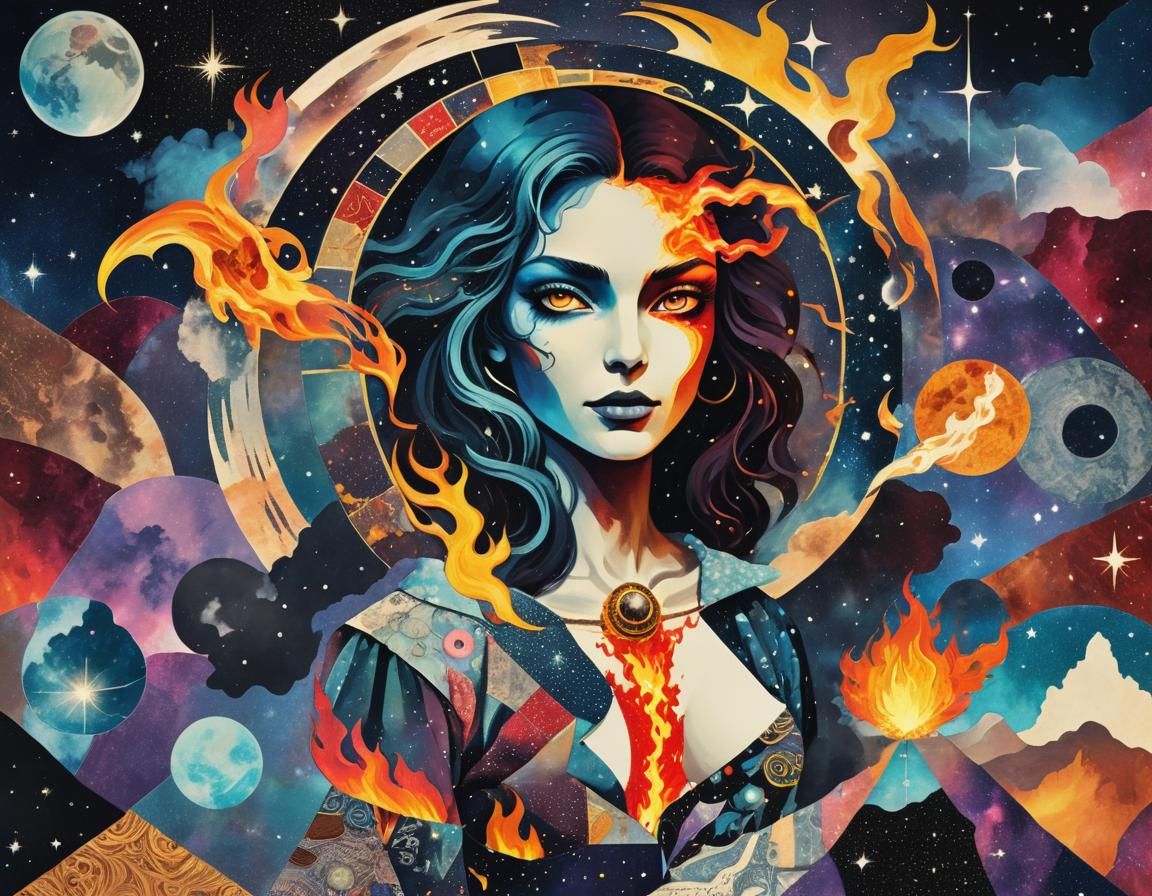 Cosmic Sin Ablaze: A Patchwork Collage of Fire