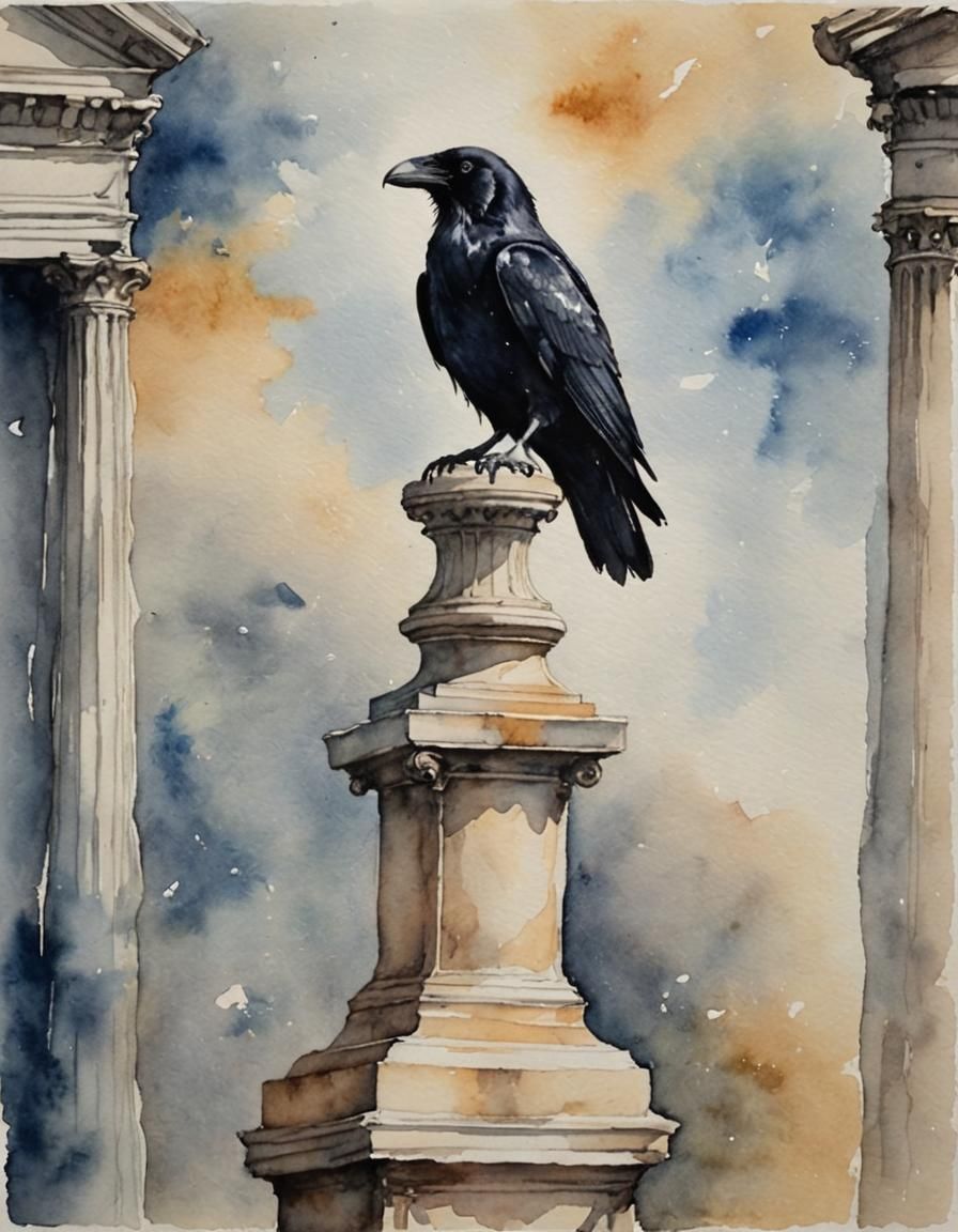 Raven Perched on Bust in Watercolor Style