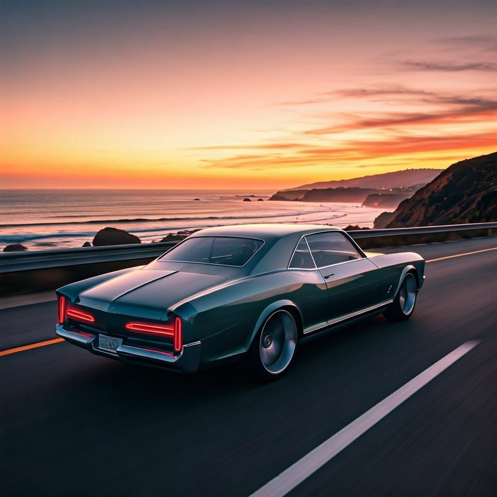 2026 custom retro future concept car Buick Rivera, rear view on pacific coast highway north of Malibu.
