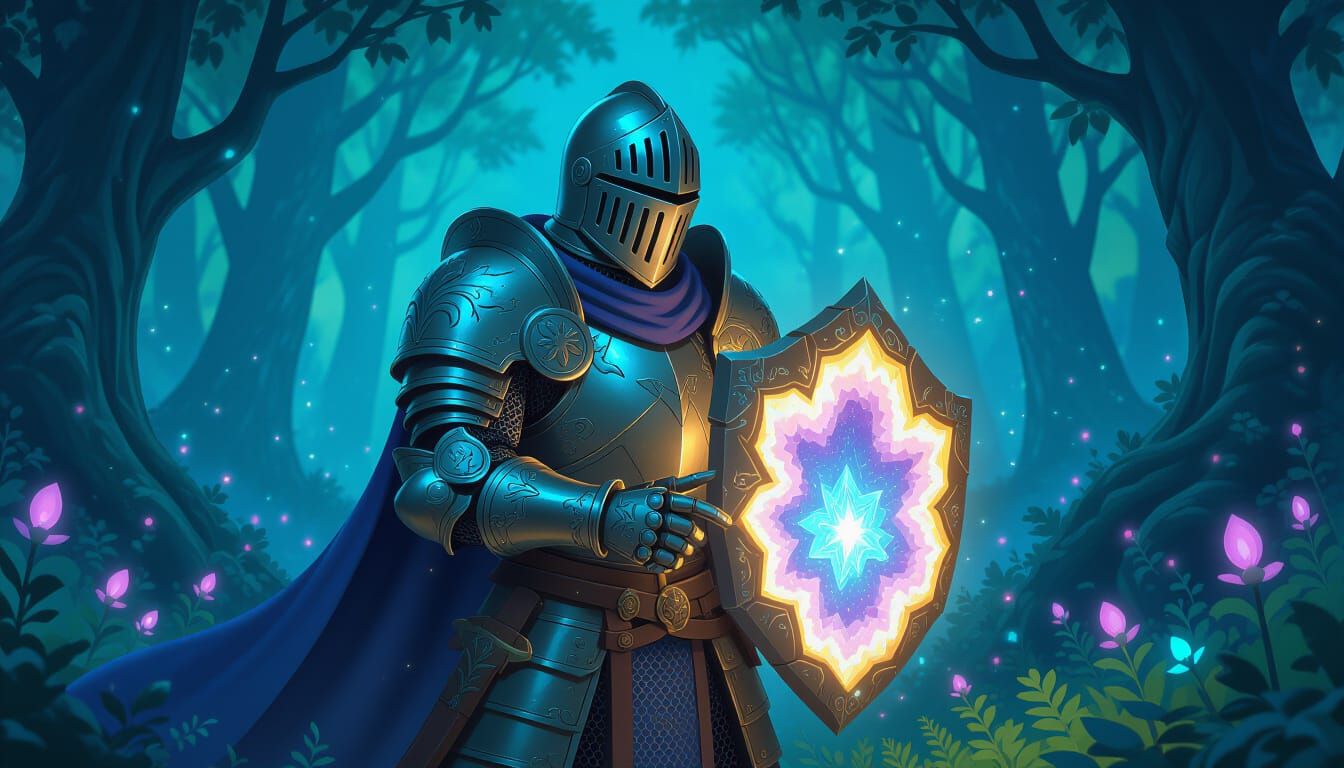 Knight Wields Glowing Geode Shield in Enchanted Forest