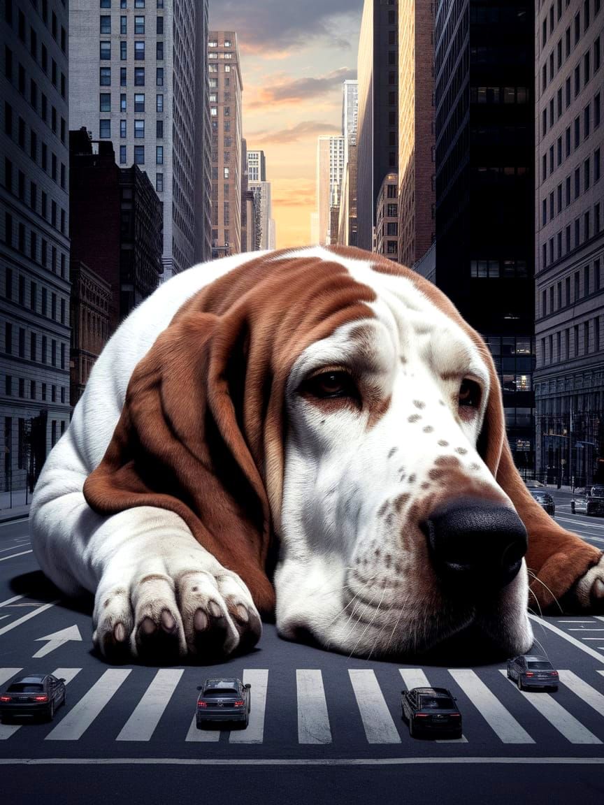 Colossal Basset Hound Napping in Cityscape