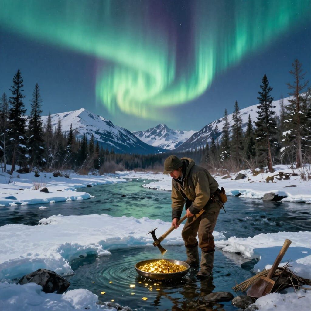 Alaskan Gold Panning Under Aurora Borealis
