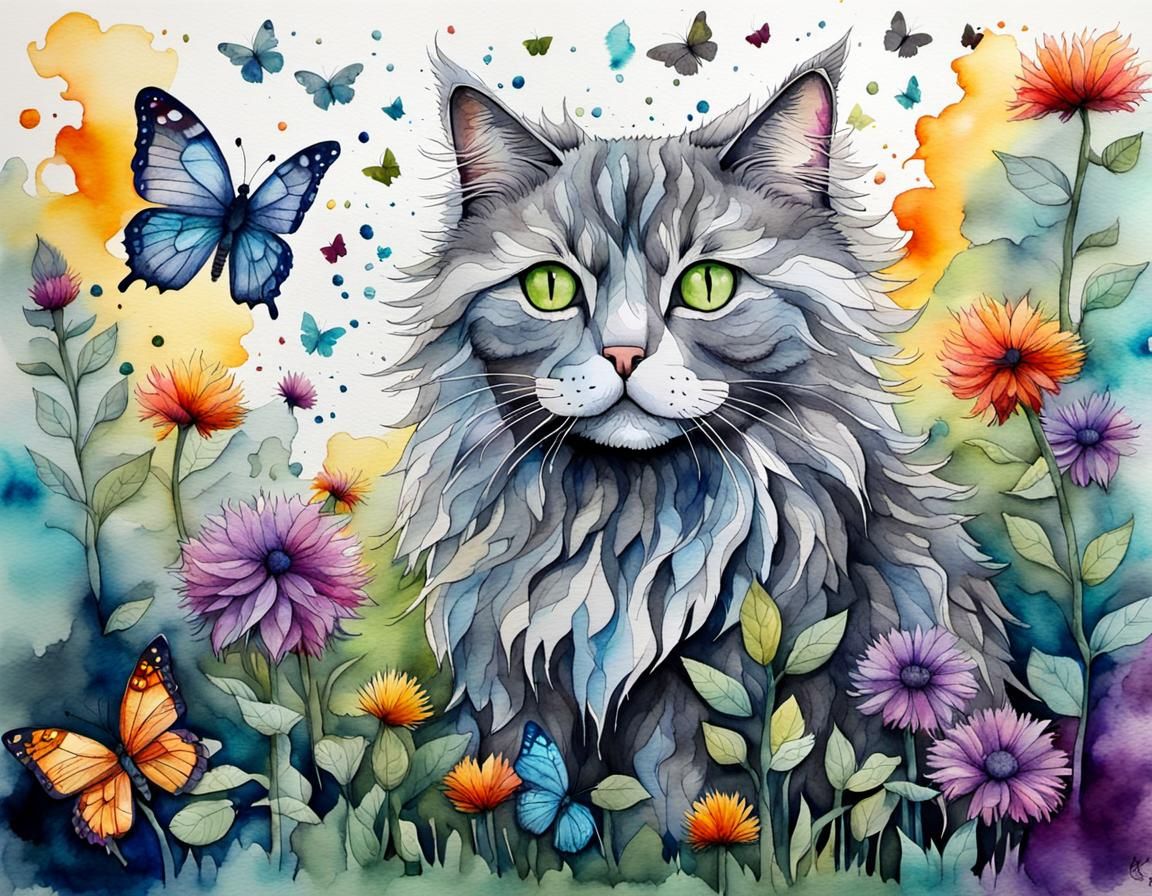 Grey Cat with Butterflies: Watercolor Ink Drawing