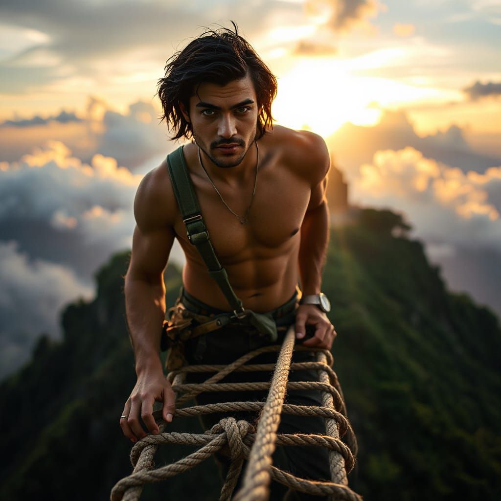 Black-haired buff green-eyed male shirtless beefcake treasur...