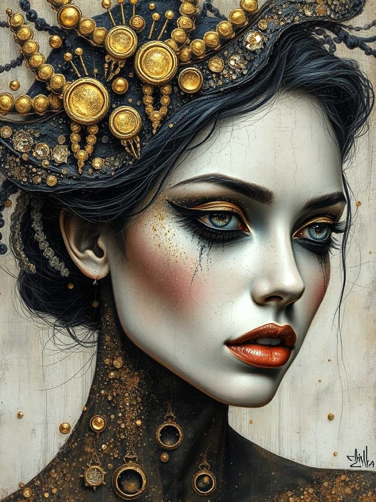 Elemental Woman Portrait in Metallic Sand and Charcoal