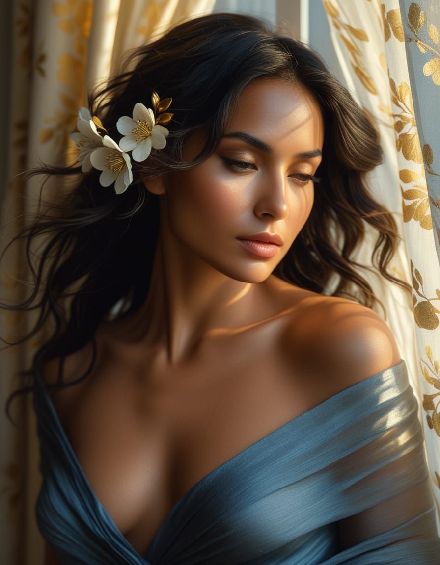 Romantic Realism Portrait of Woman in Flower Blossoms