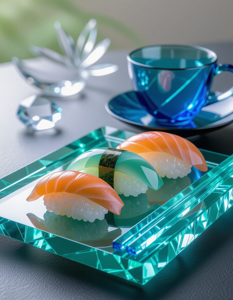 Crystal Sushi Still Life in Glass Art Style