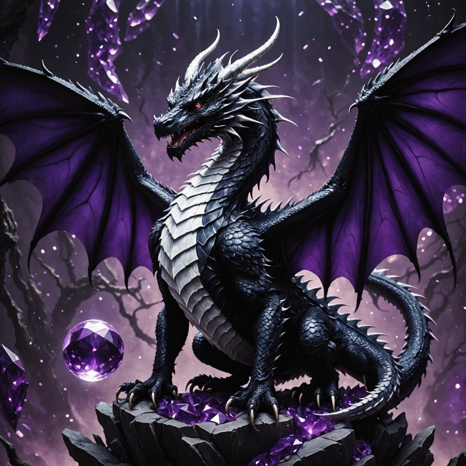 Majestic Black Dragon with Crystal Background