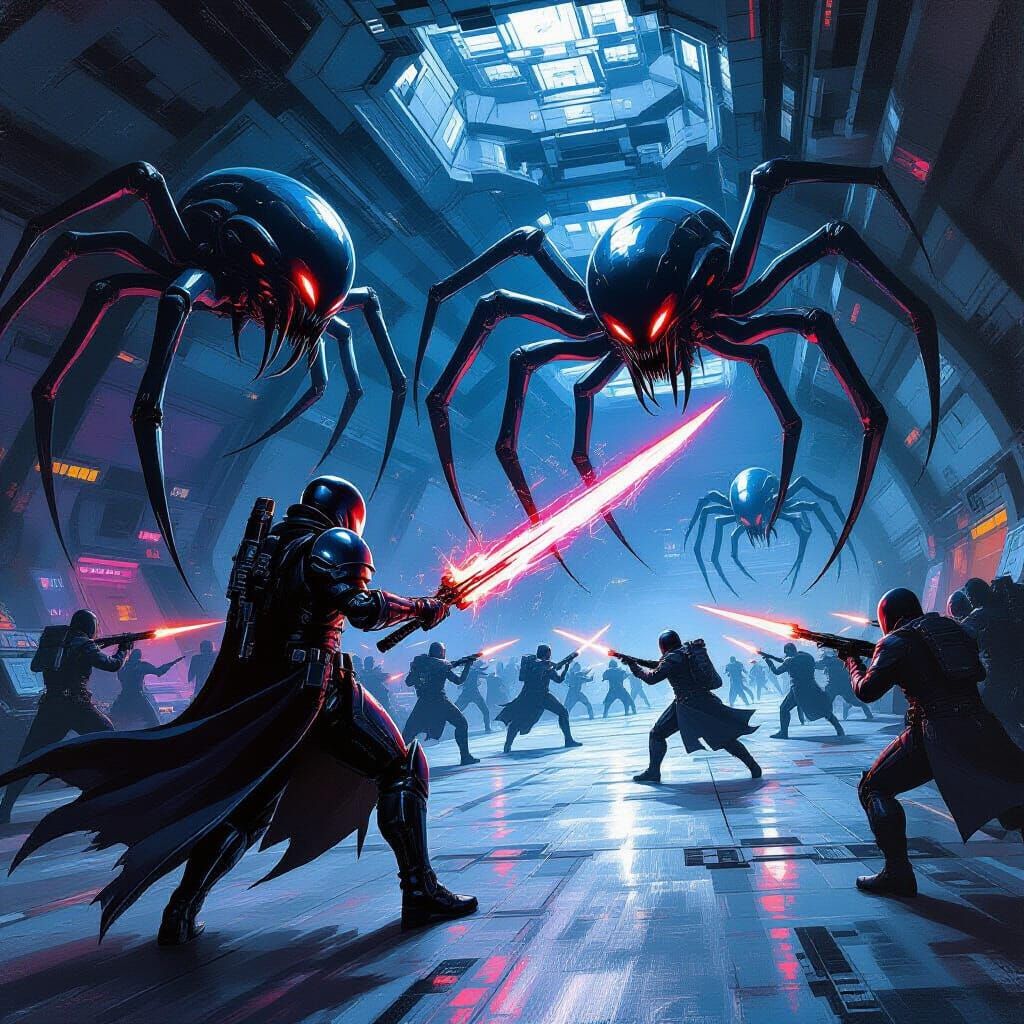 Sci-Fi Mercenary Battles Aliens in Oil Painting Style