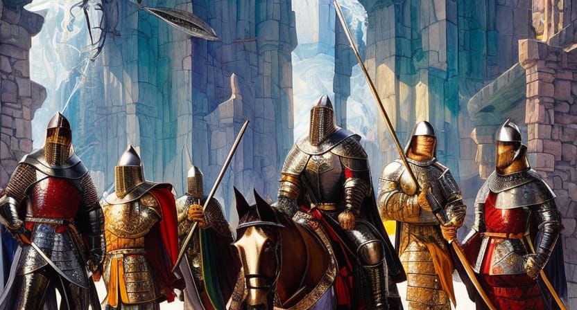 Middle-Aged Knights in Marbled Oil Painting Style