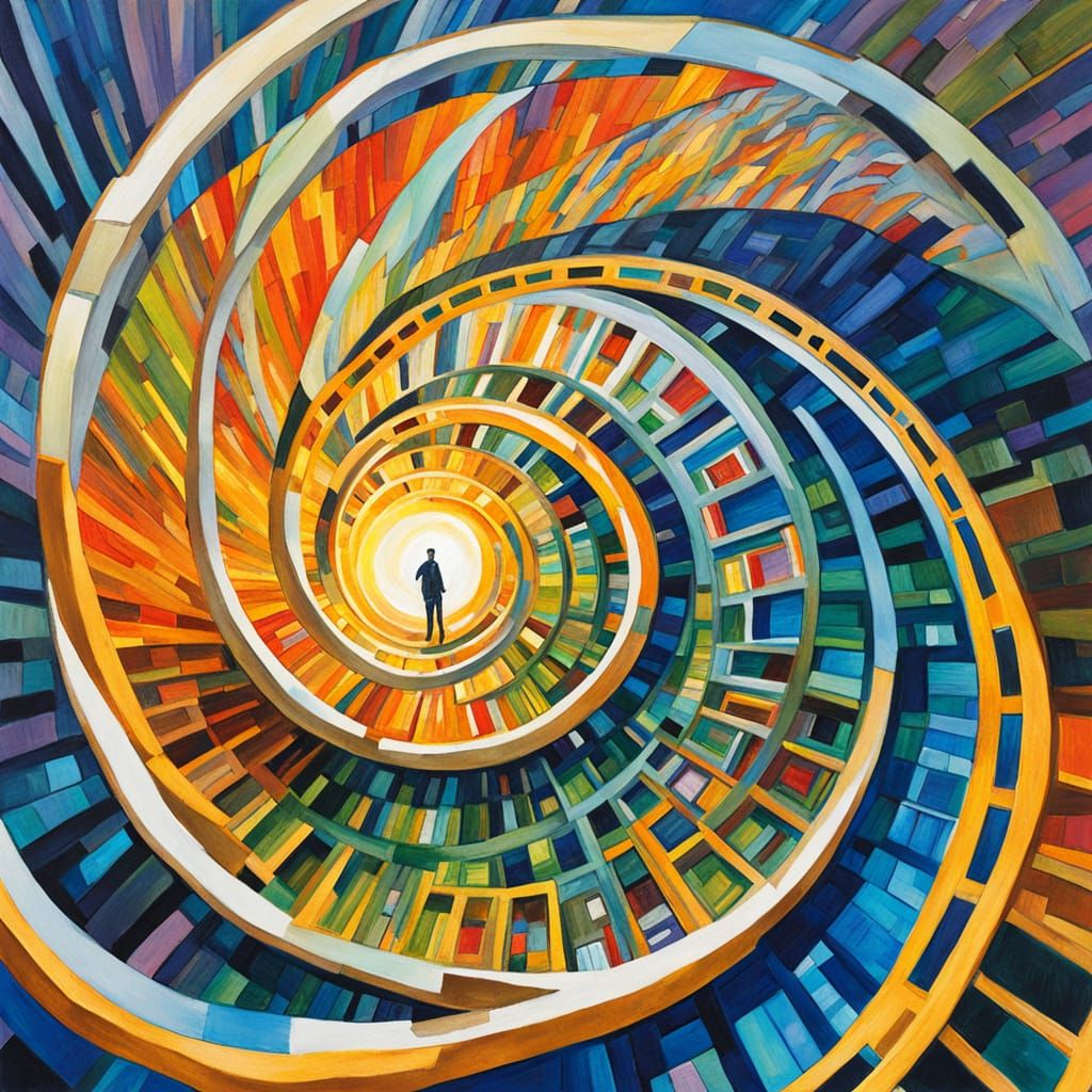 Man on Growing Fibonacci Spiral in Golden Hour Gouache