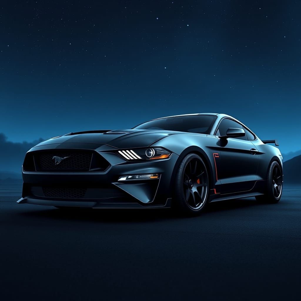 Glamorous Black Mustang Under Starry Night Sky