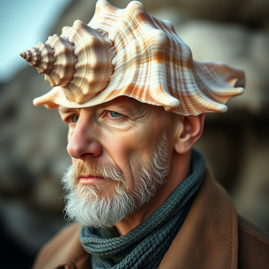 Conch Shell Hat Adorns Bald Head