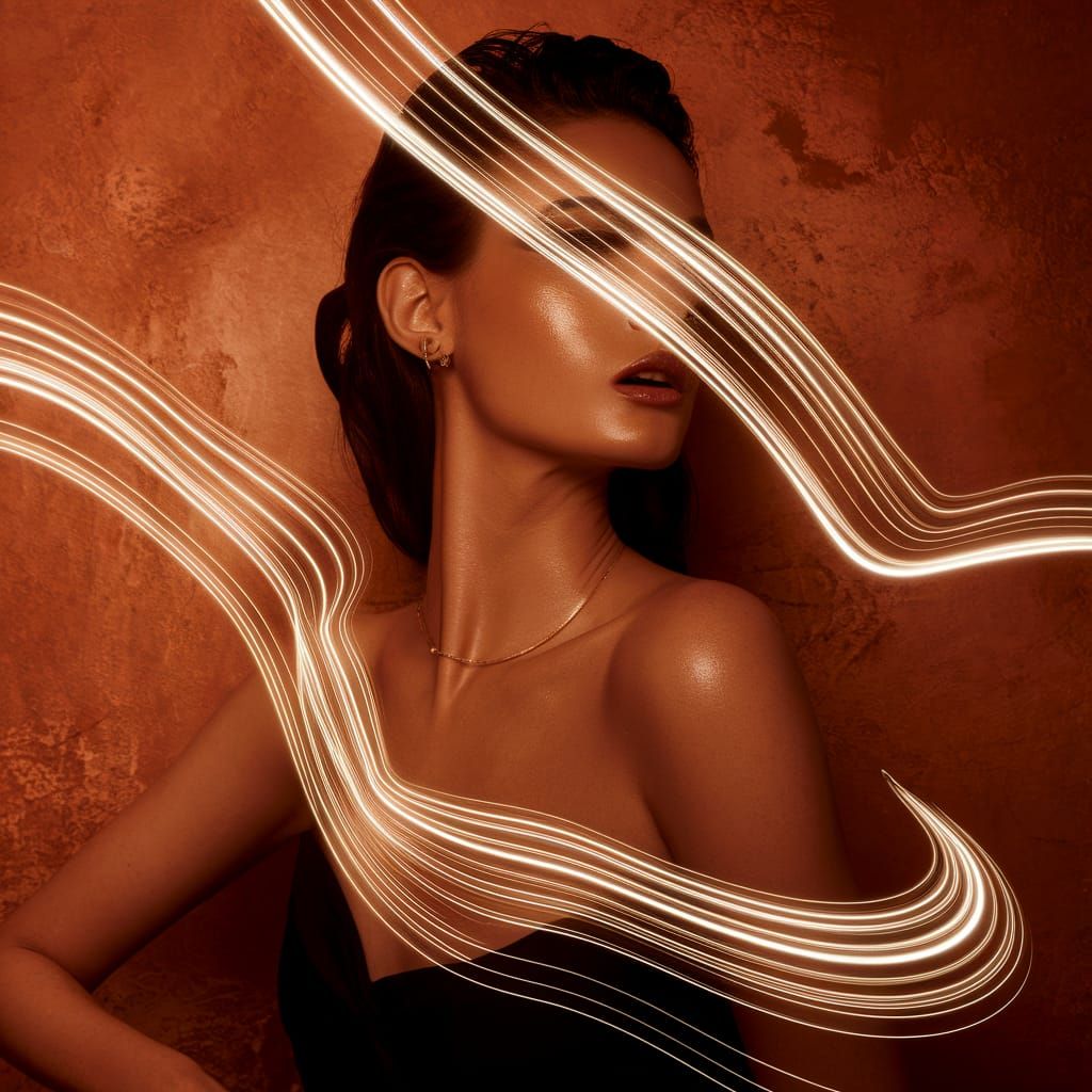 Avant-Garde Fashion Model with Golden Light Streaks