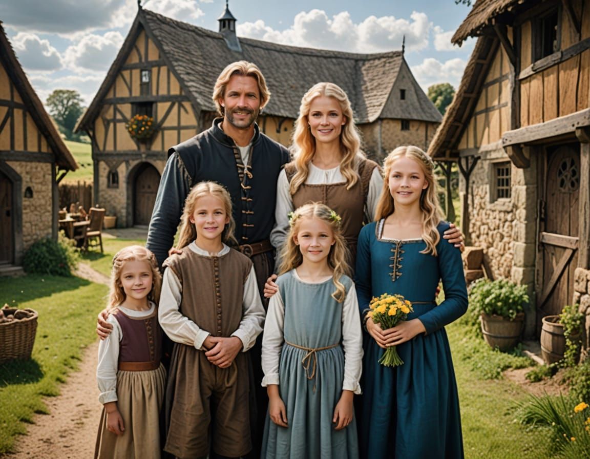Medieval Family in a Sunlit Countryside Farm