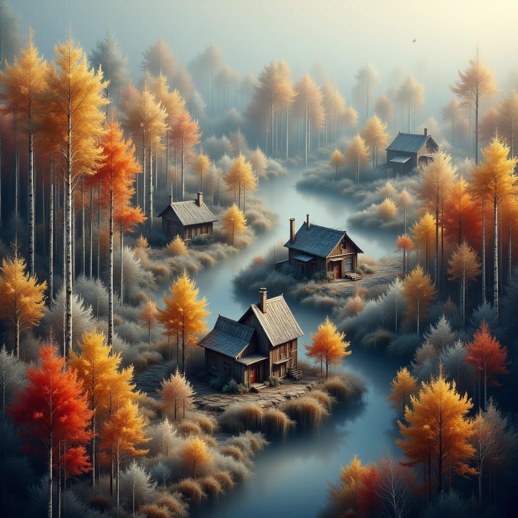 Quaint Village in Autumnal Forest, Digital Painting