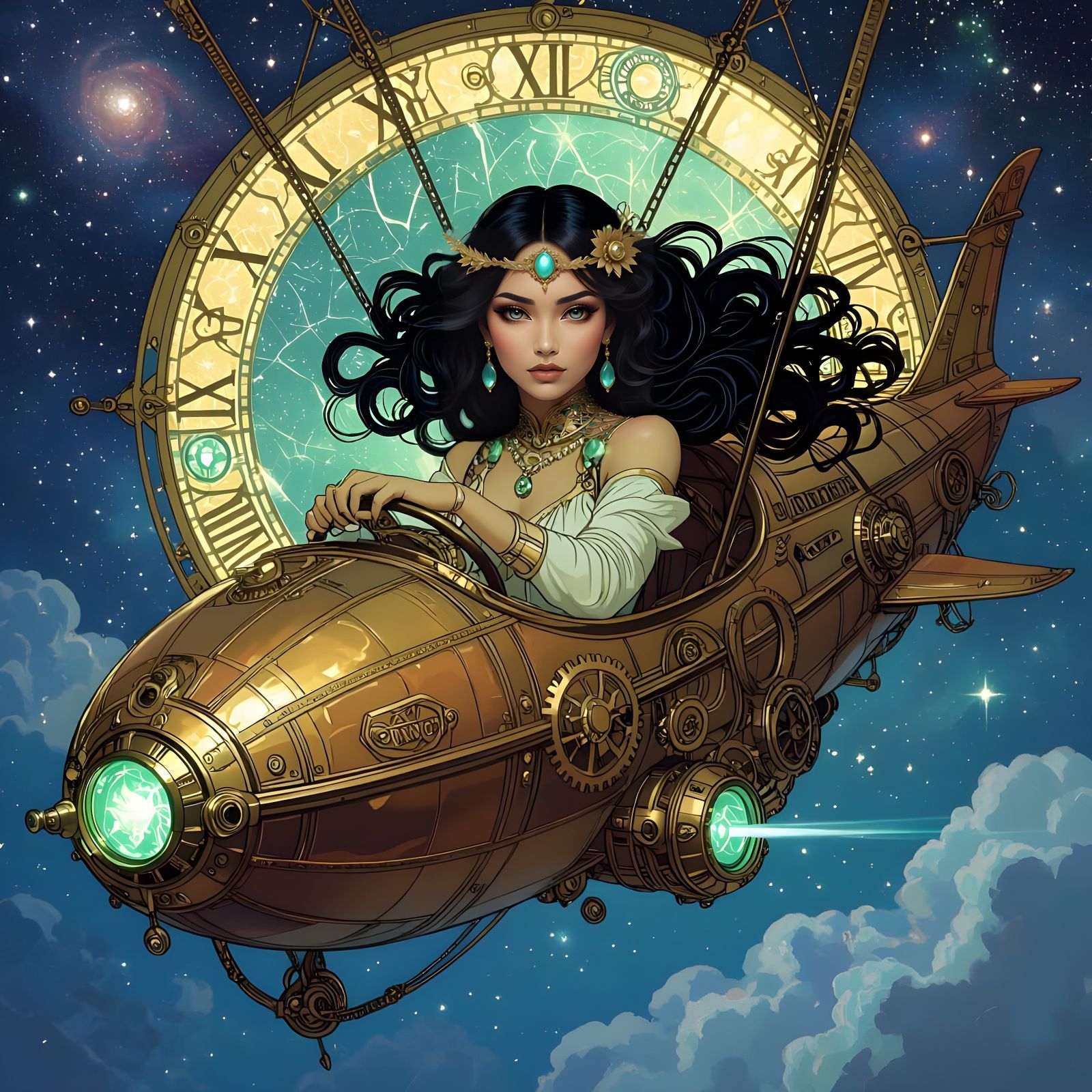 Goddess Pilots Steampunk Airship Through Nebula Sky