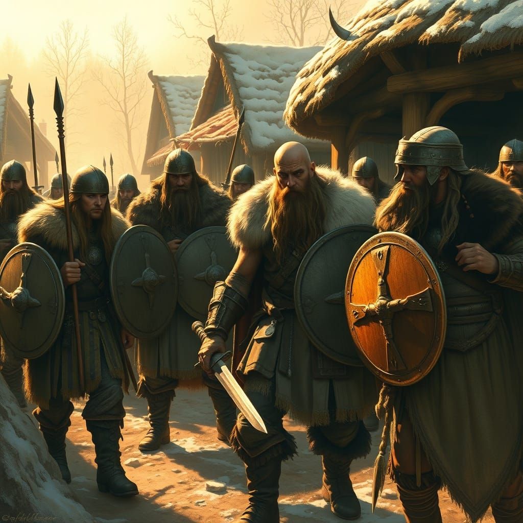 Viking Warriors and Shieldmaidens in Nordic Village