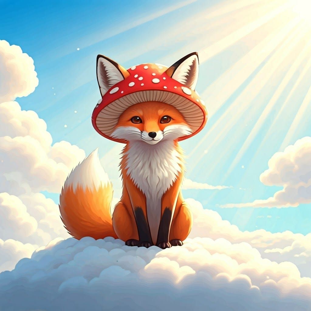 Fox in Mushroom Hat on Cloud, Dreamy Watercolor