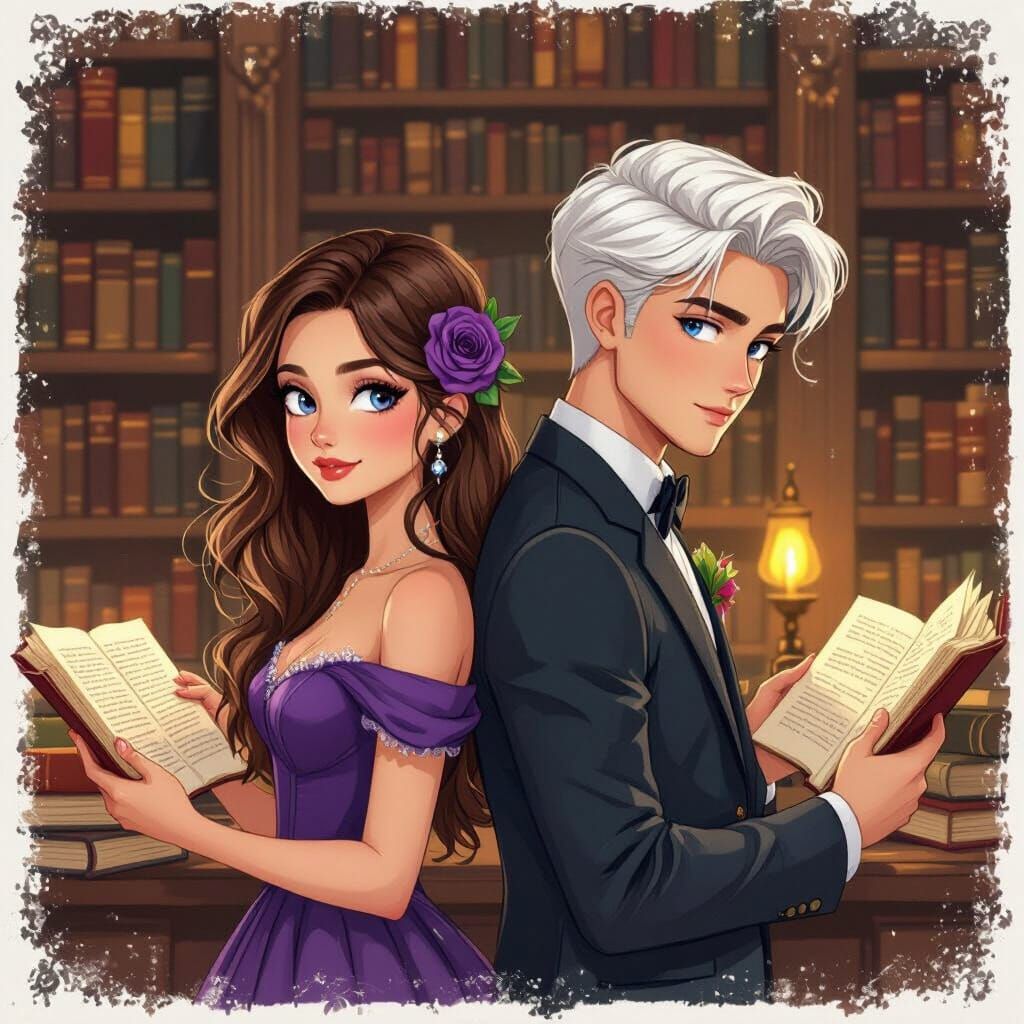 Young Couple Reading in Library in 2D Drawing Style