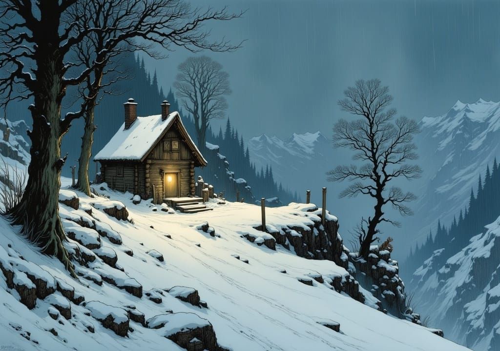 Hikers in Alpine Hut Under Noctilucent Snowfall