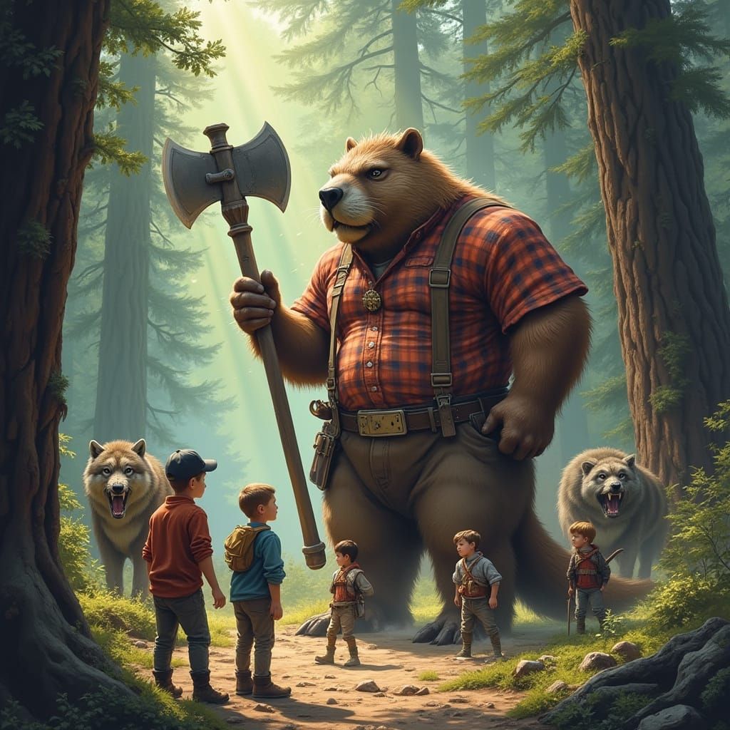 Beaver Lumberjack Defends Children from Wolves in Redwood Fo...