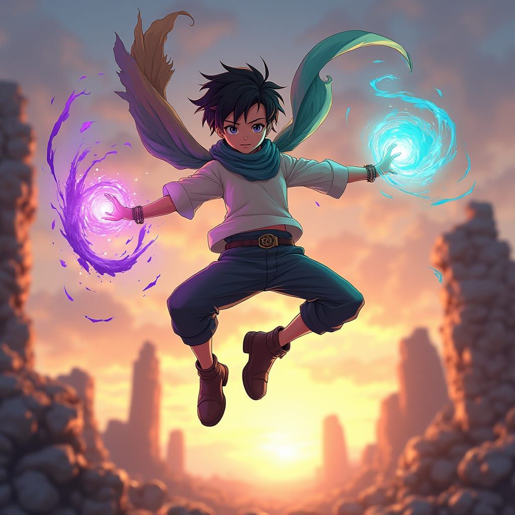 Anime Boy Unleashes Swirling Magic in Dynamic Pose