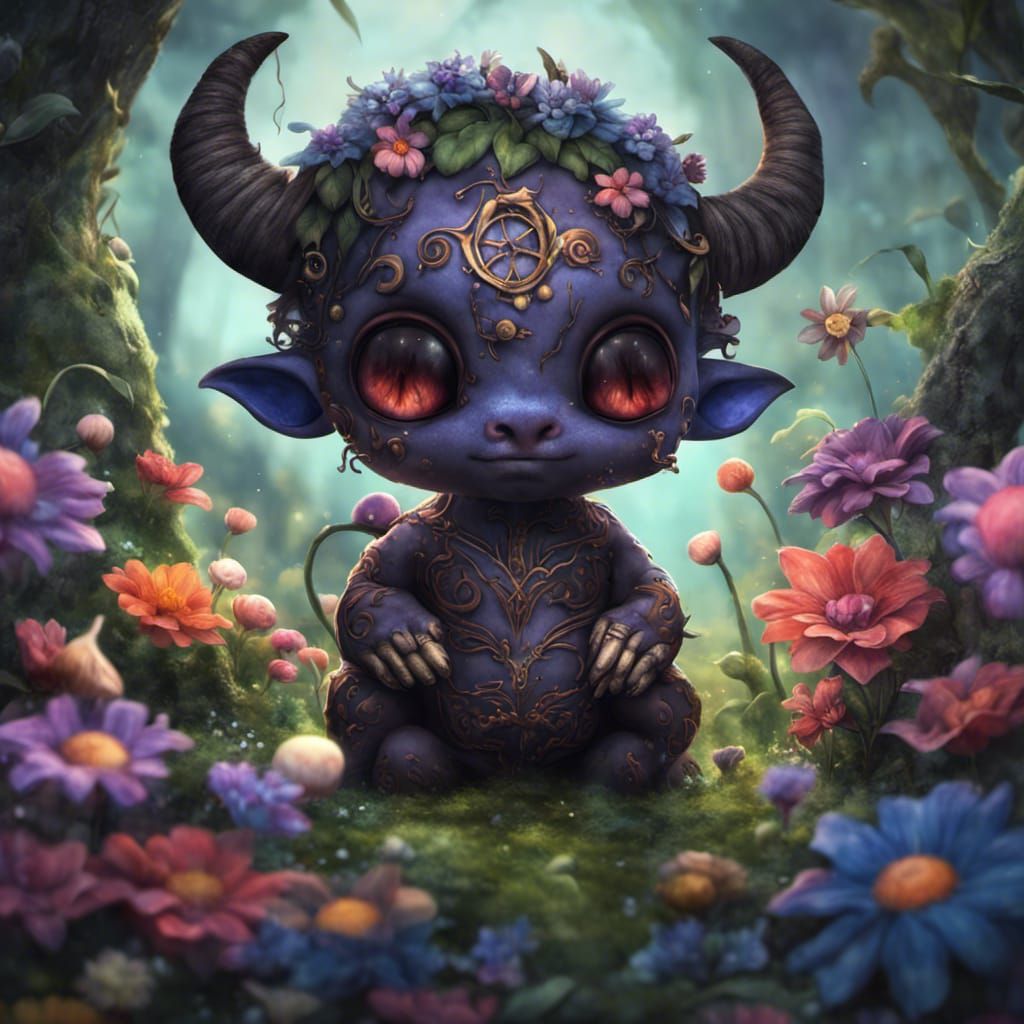 Adorable Chibi Demon in Colorful Meadow