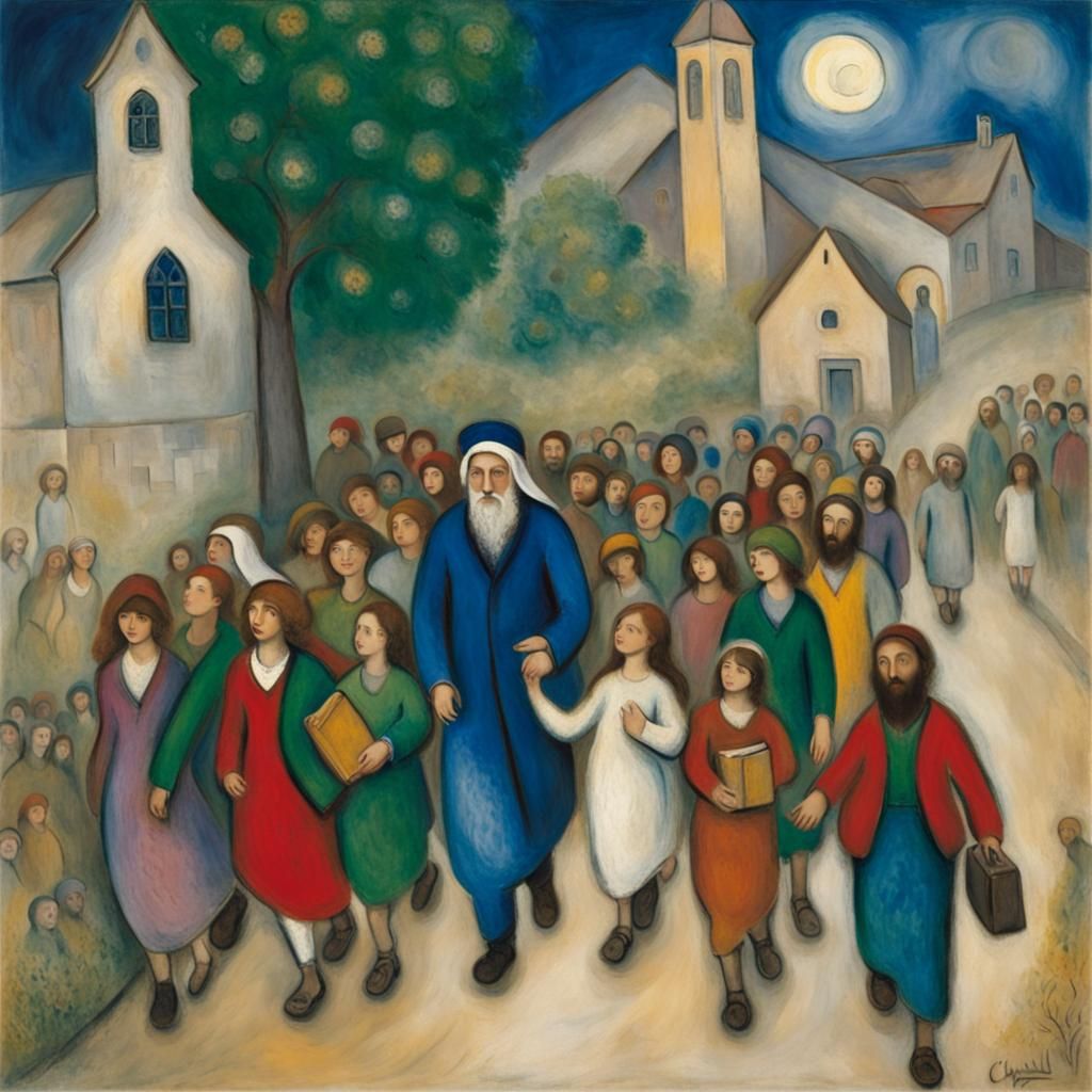 The Rabbi Leads Students: A Chagall-Inspired Painting