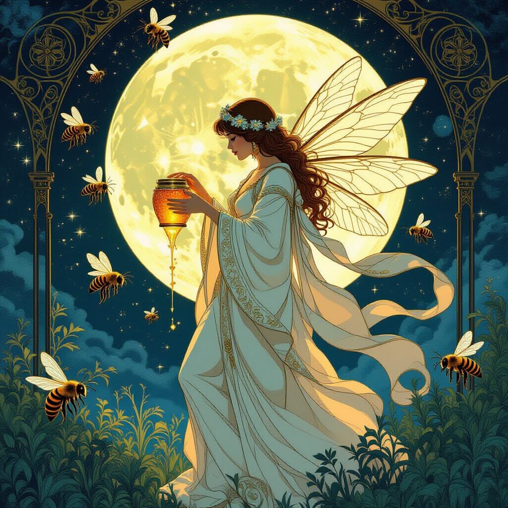 Celestial Beekeeper Harvesting Starlight Honey in Art Nouvea...