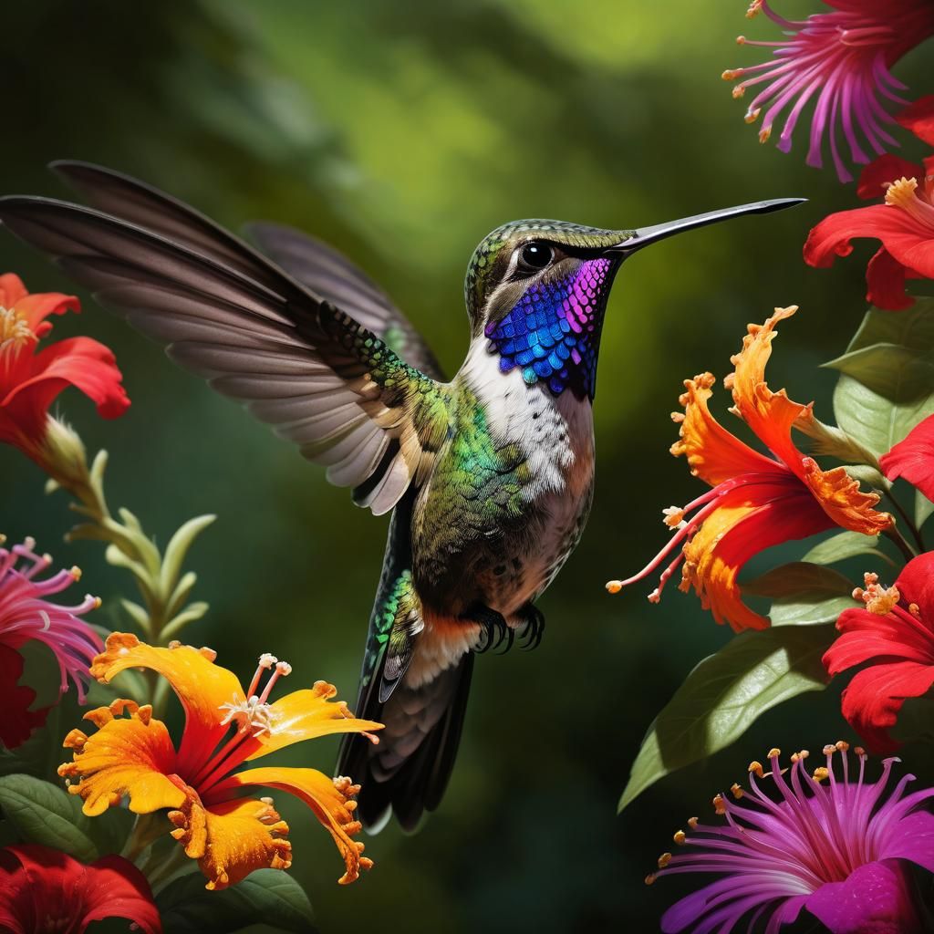 Hummingbird in Lush Flower Garden: Sinister Art