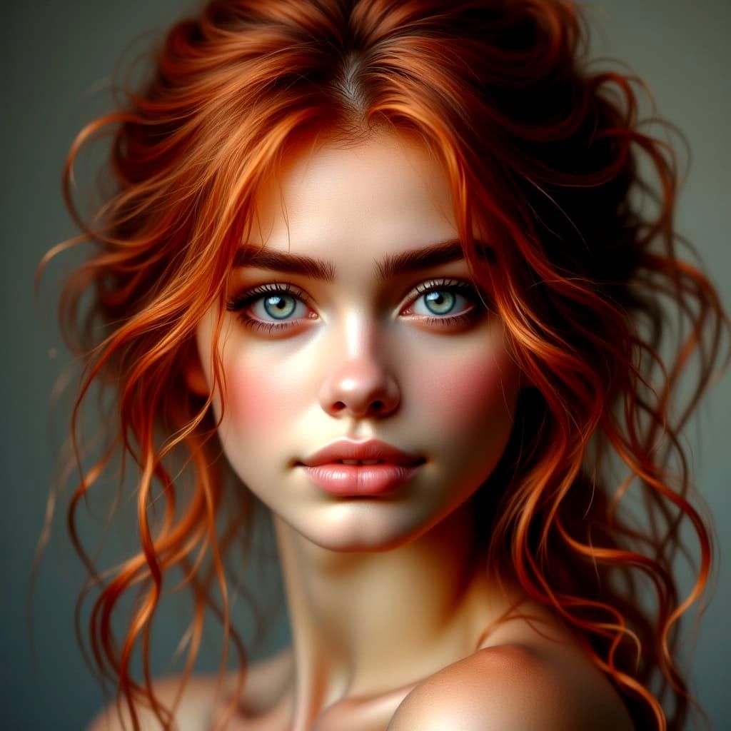 Young Woman With Red Hair Gazes Intently