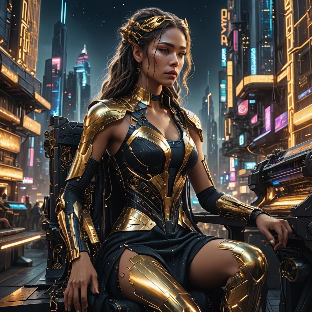 Goddess Weaving Fate in Cyberpunk Cityscape