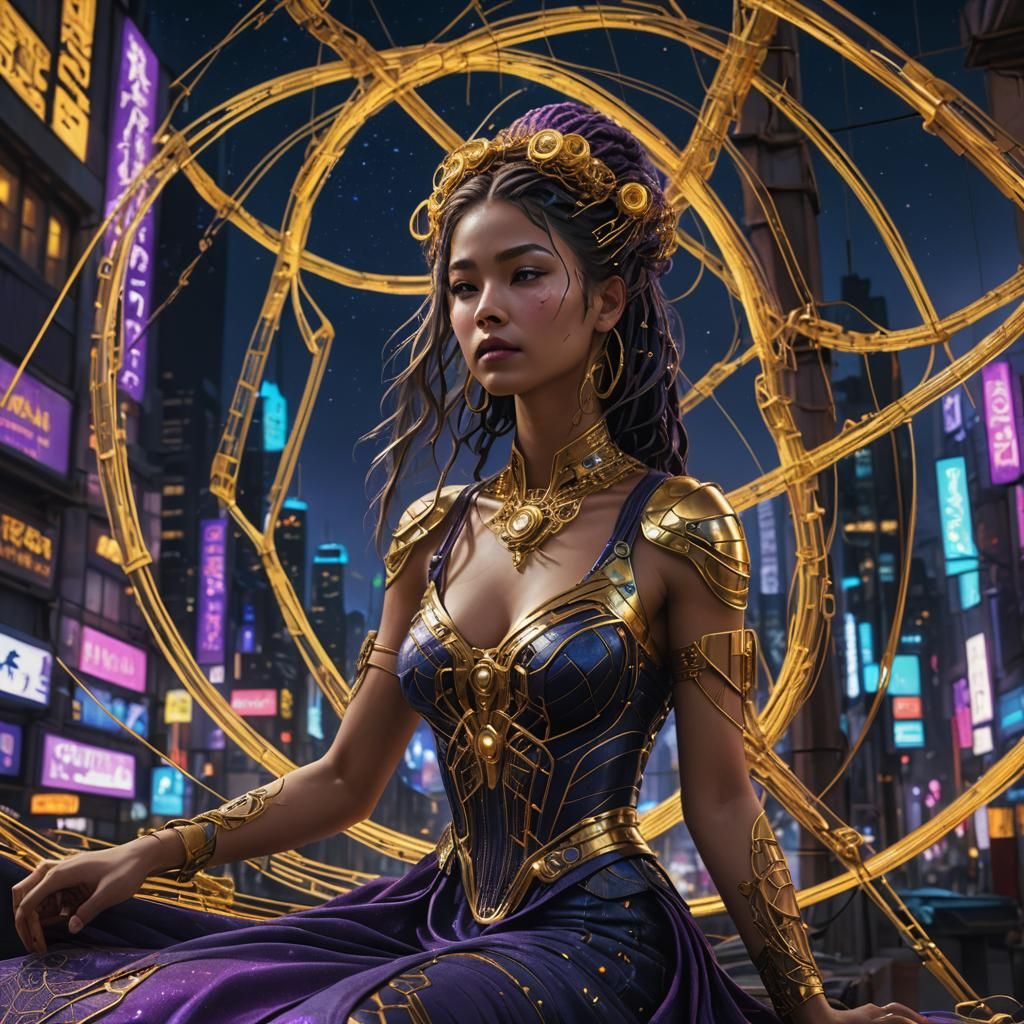 Goddess Weaving in Cyberpunk Cityscape