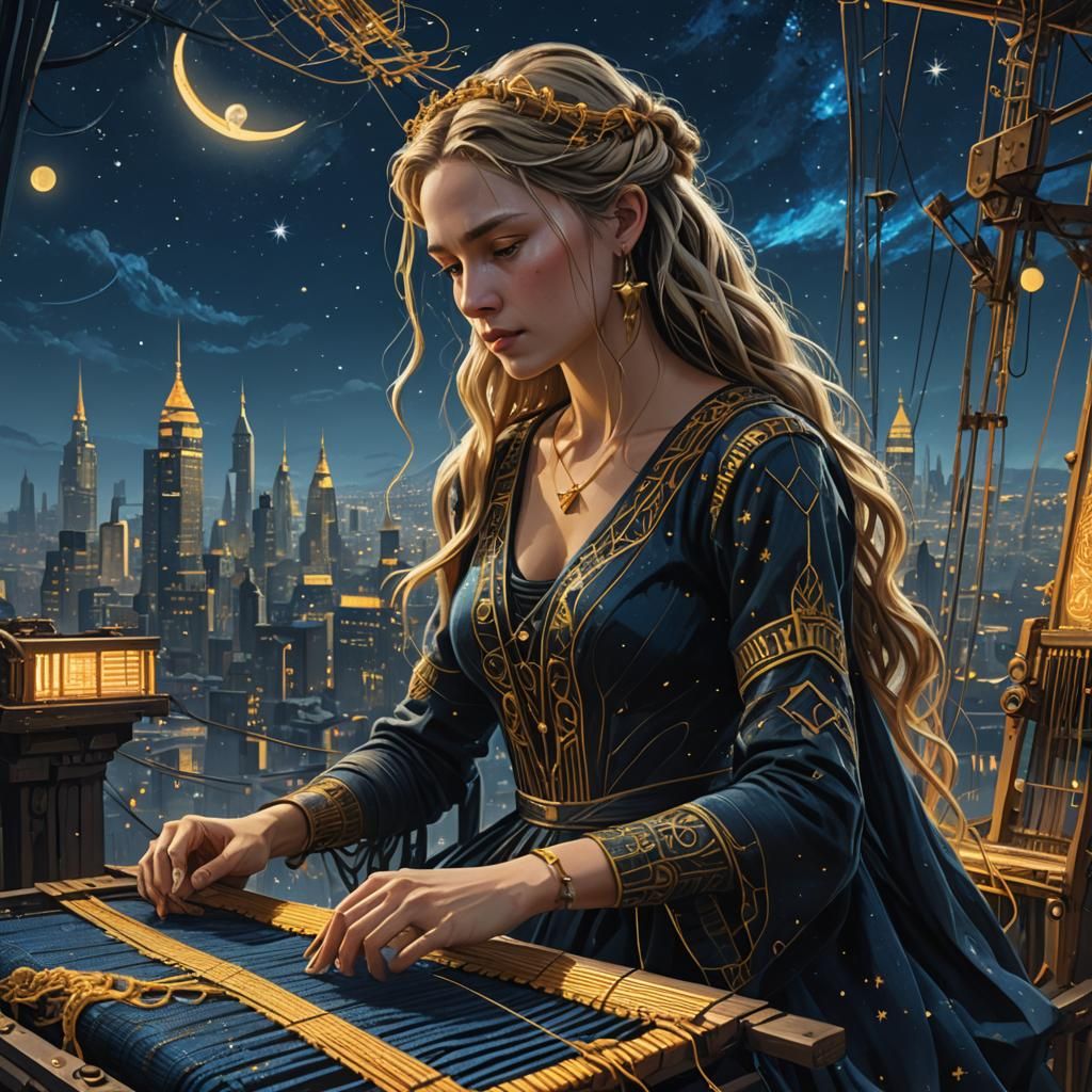 Goddess Weaving Loom in Starry Cityscape