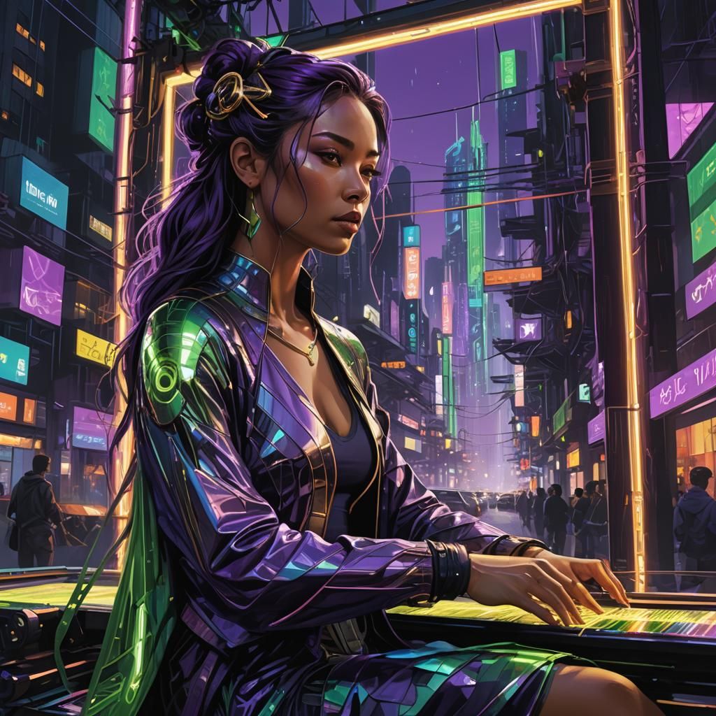 Goddess Weaving in Cyberpunk City, Digital Art