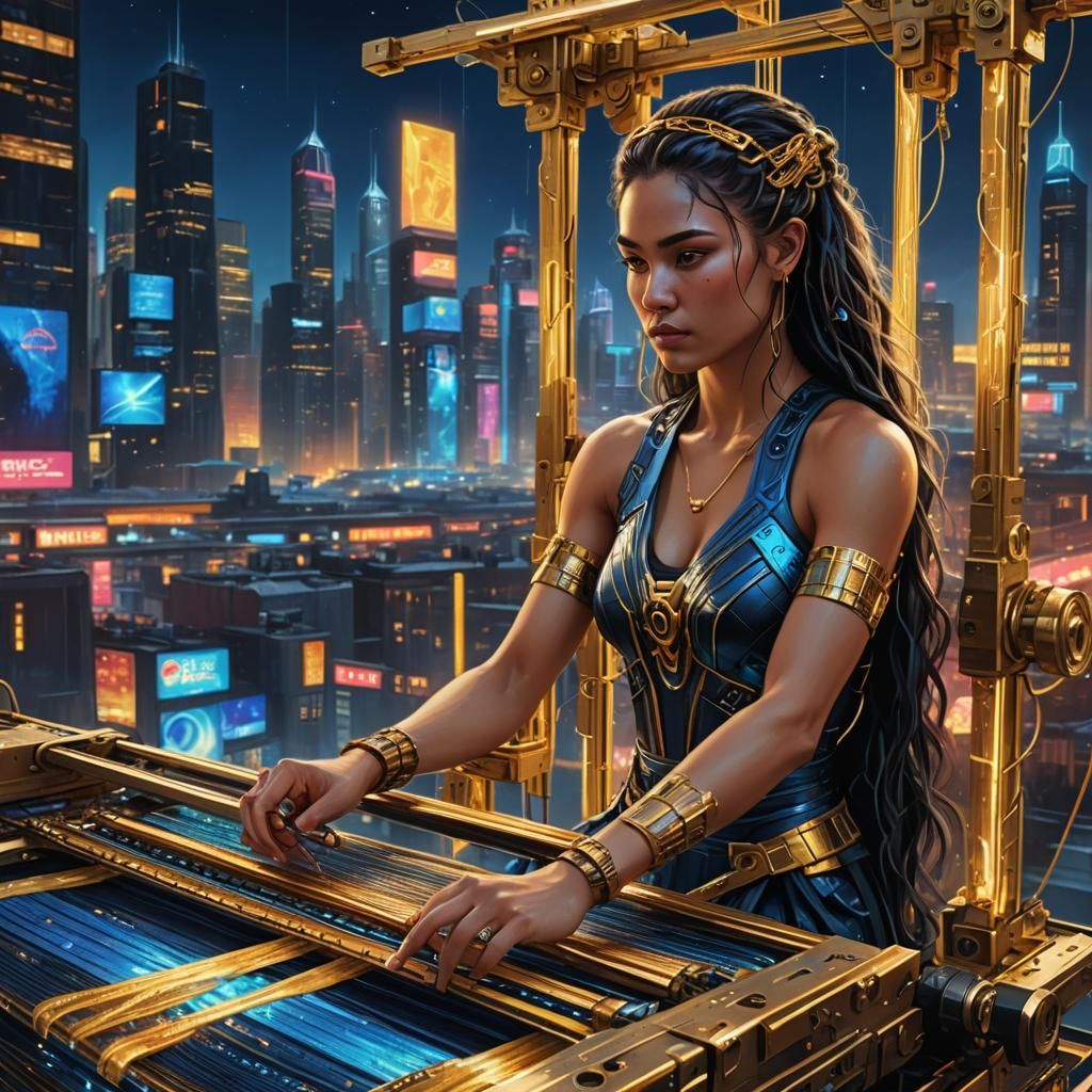 Goddess Weaving in Cyberpunk City: Digital Matte Painting