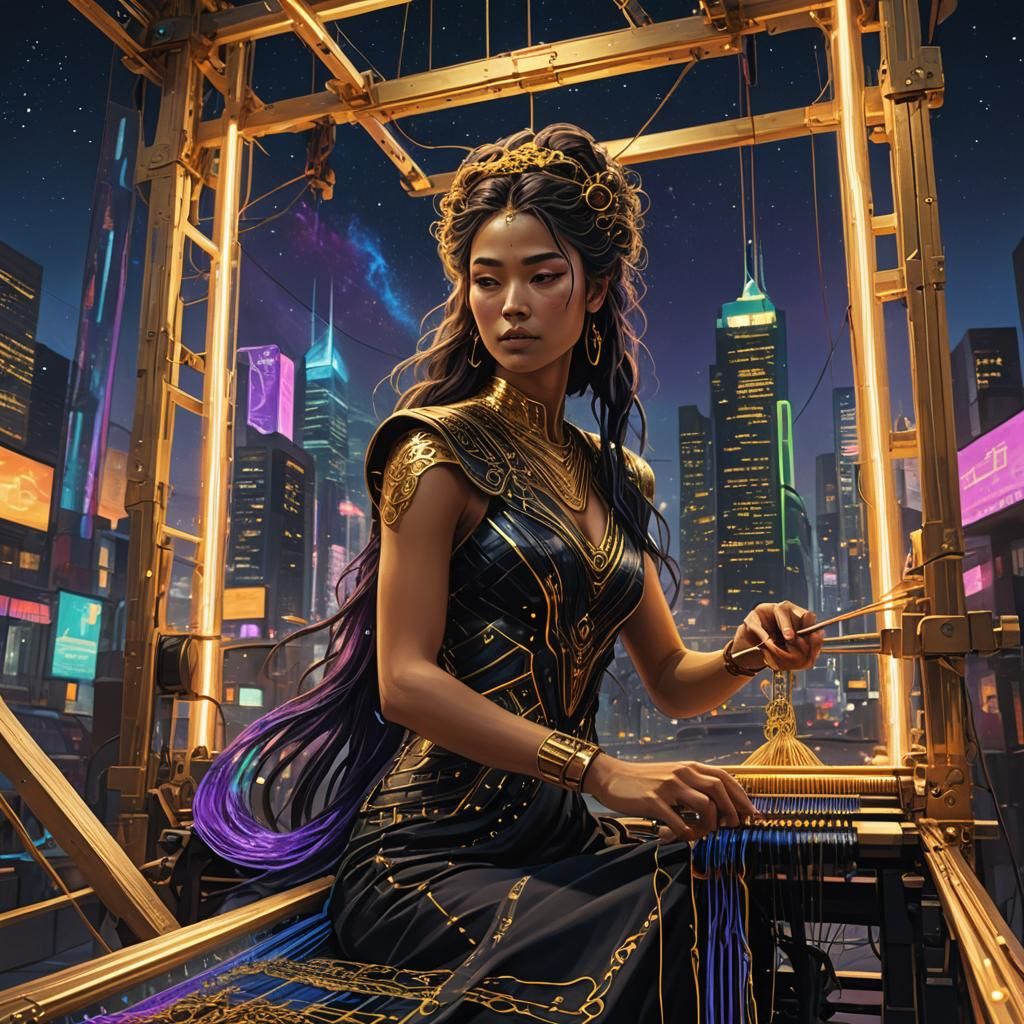 Goddess Weaving Fate in Cyberpunk Cityscape