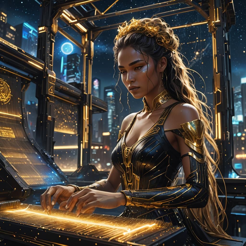 Goddess Weaving Fate in Futuristic Cityscape