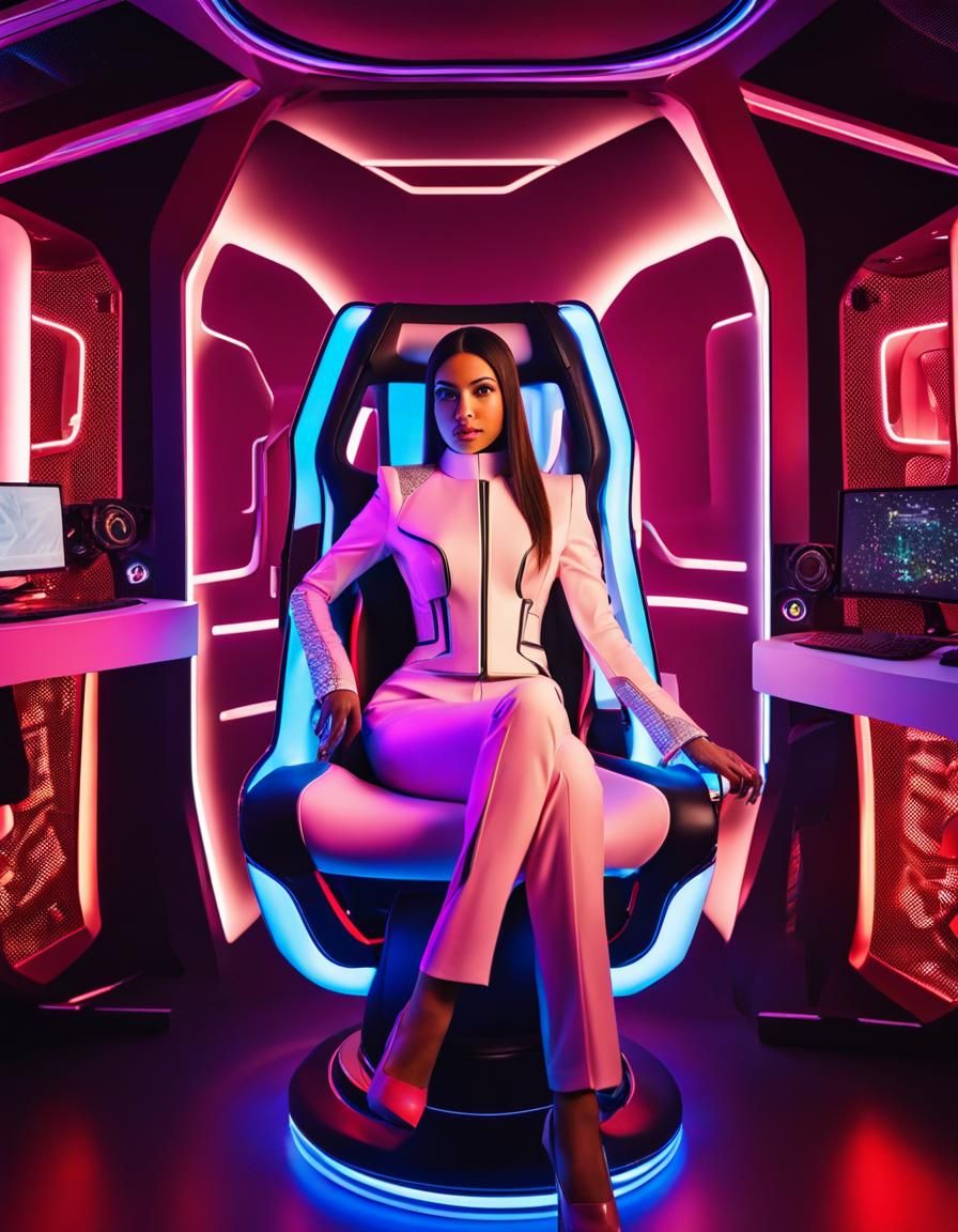 Curvy Woman in Futuristic Neon Gaming Setup
