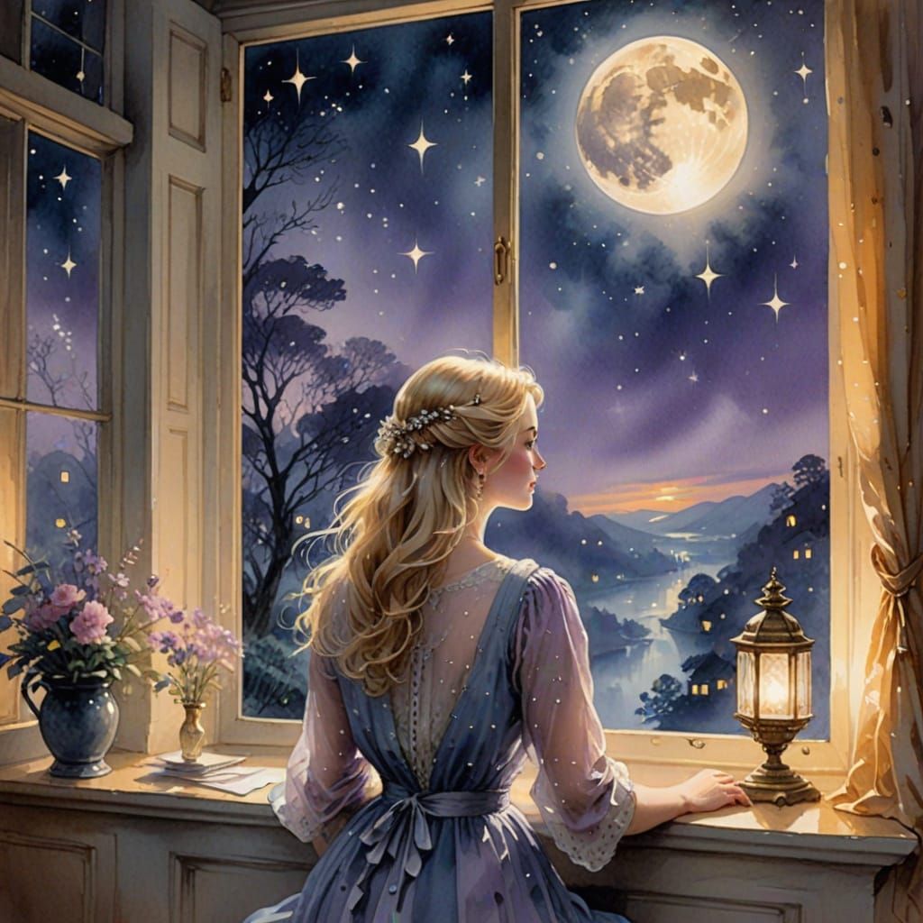 Whimsical Moonlit Lady in a Dreamy Nighttime Scene