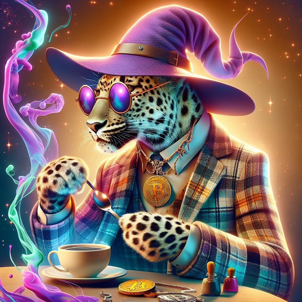 Leopard in Witch Hat Sipping Coffee: Surreal Digital Art